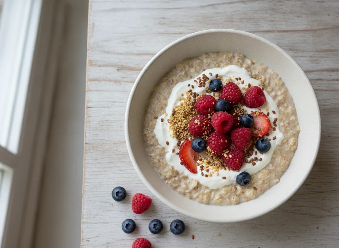 Overnight oats with berries and cream photo