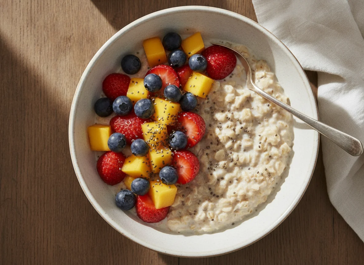 Overnight oats with berries and seeds photo
