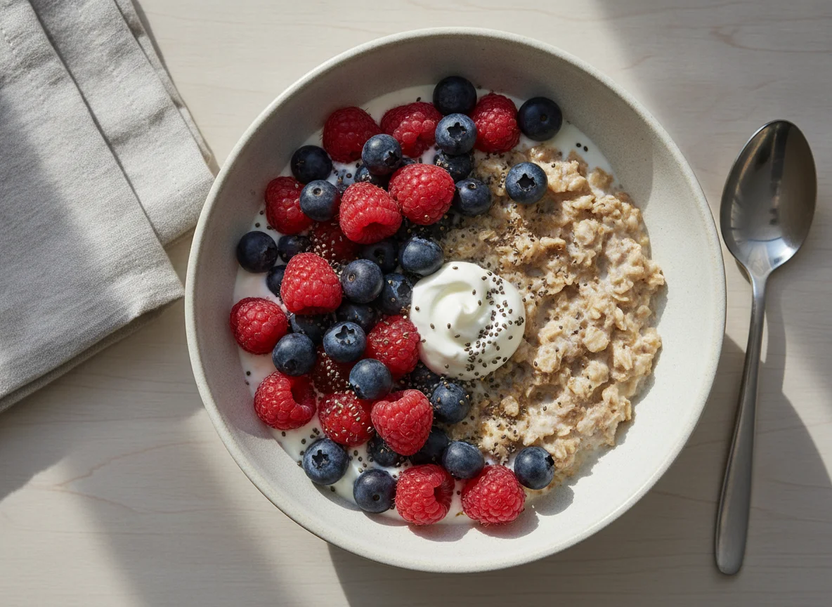 Overnight oats with berries and yogurt photo