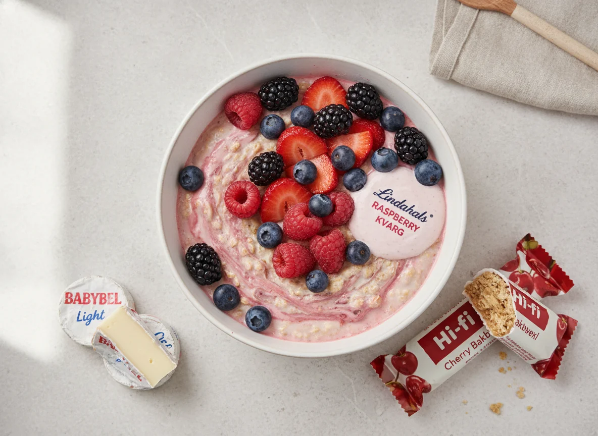 Overnight oats with berries, kvarg, cereal bar and cheese photo