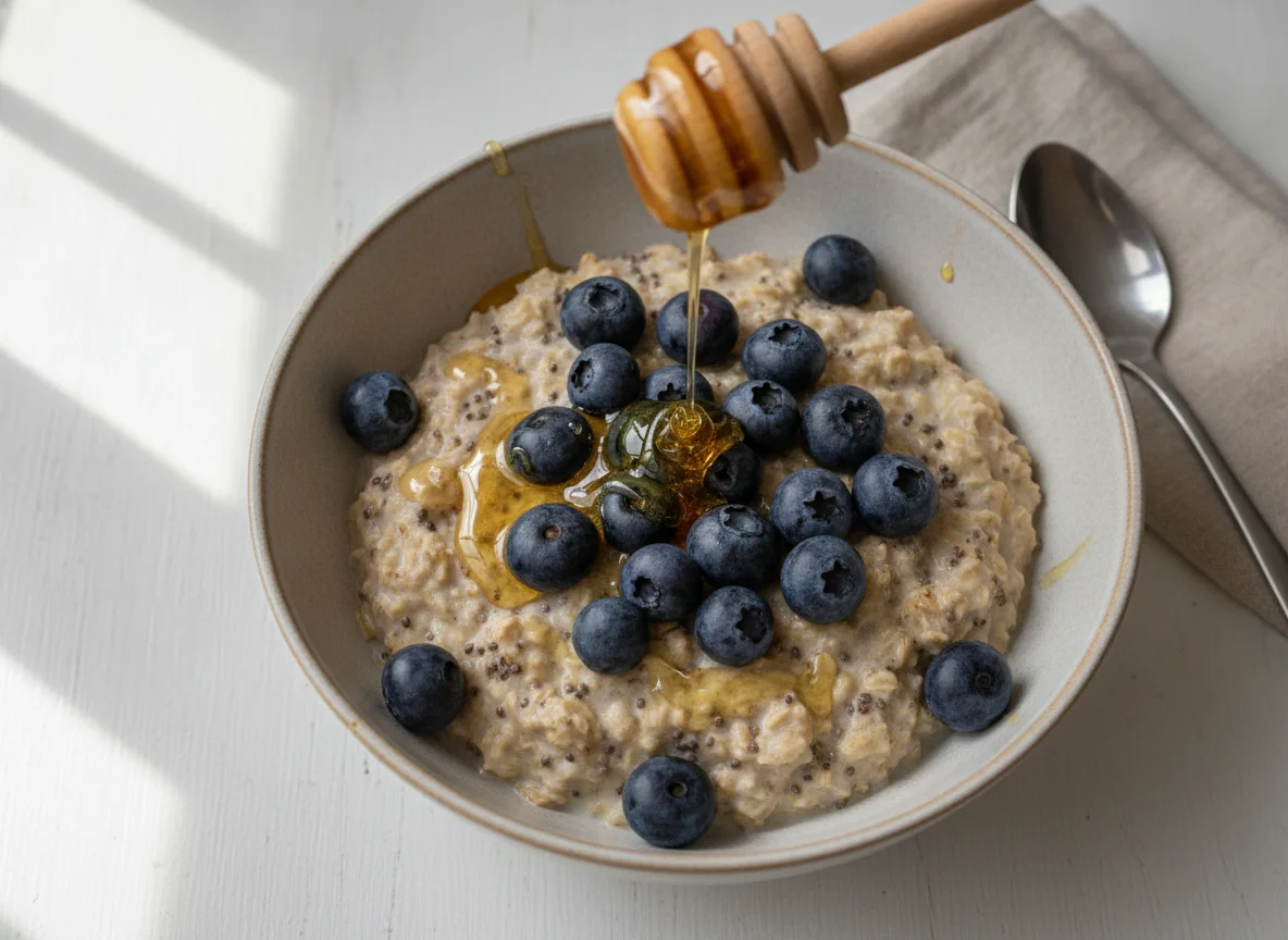 Overnight oats with blueberries and honey photo