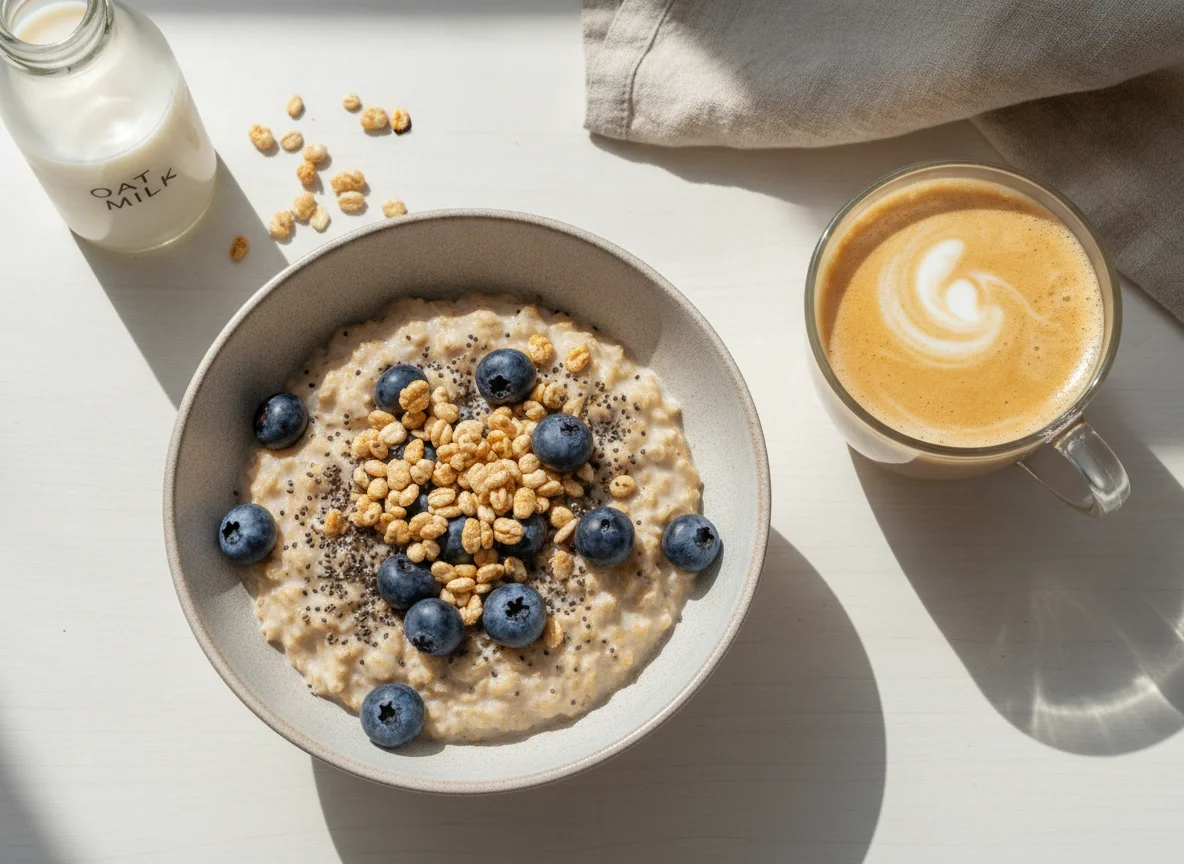Overnight oats with blueberries and oat milk latte photo