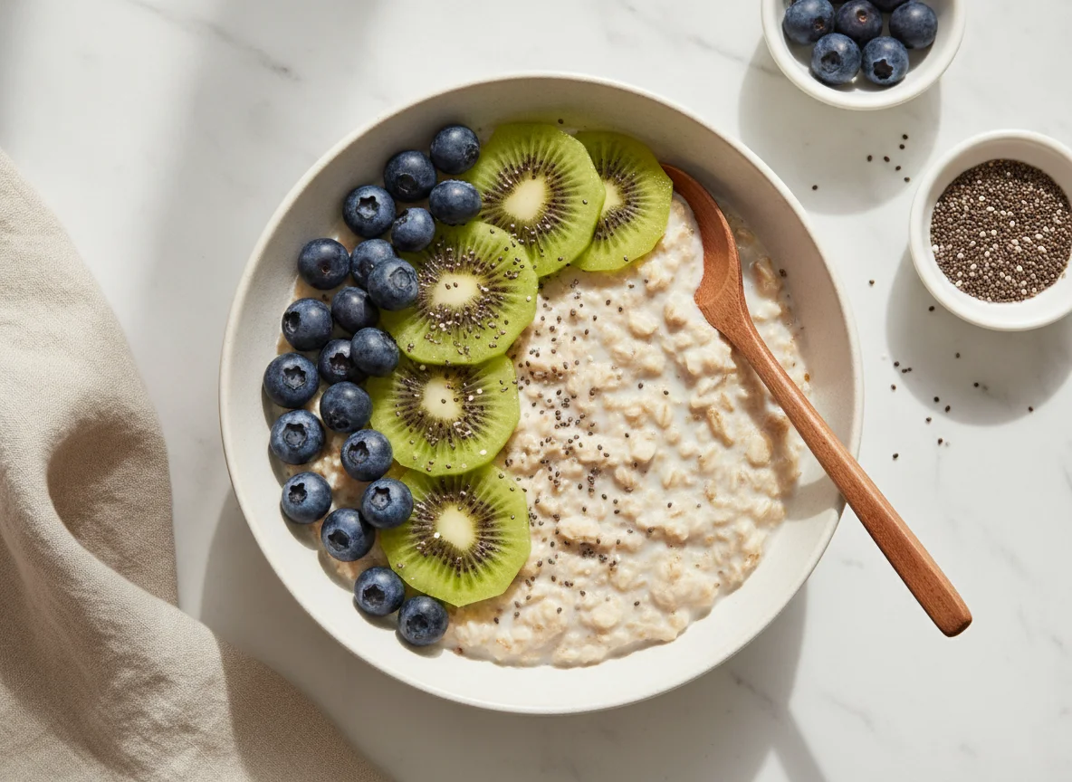 Overnight oats with blueberries, kiwi, and chia seeds photo