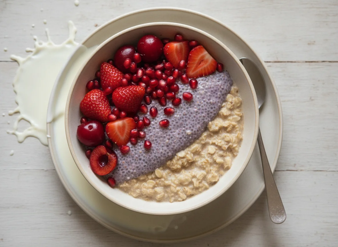 Overnight oats with chia pudding and berries photo