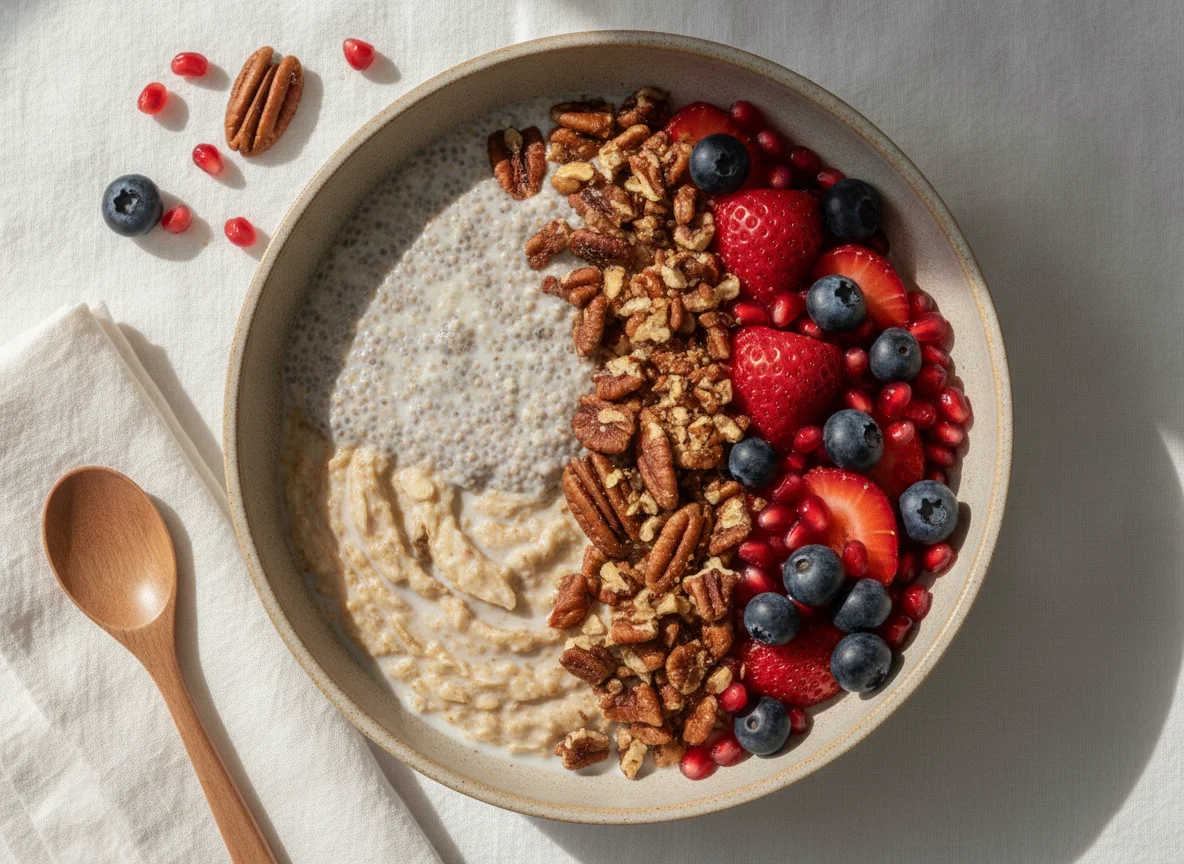 Overnight oats with chia pudding and pecans photo