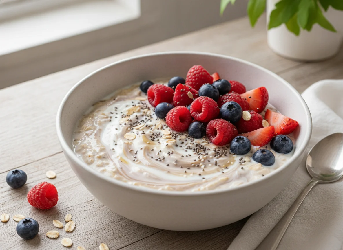 Overnight oats with chia seeds and berries photo