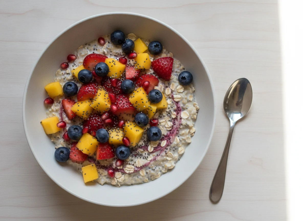 Overnight oats with chia seeds and mixed fruit photo