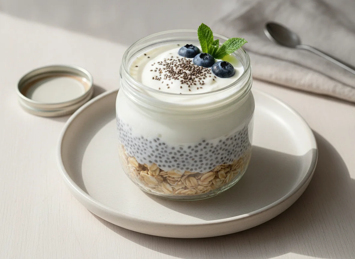 Overnight oats with chia seeds and yogurt photo
