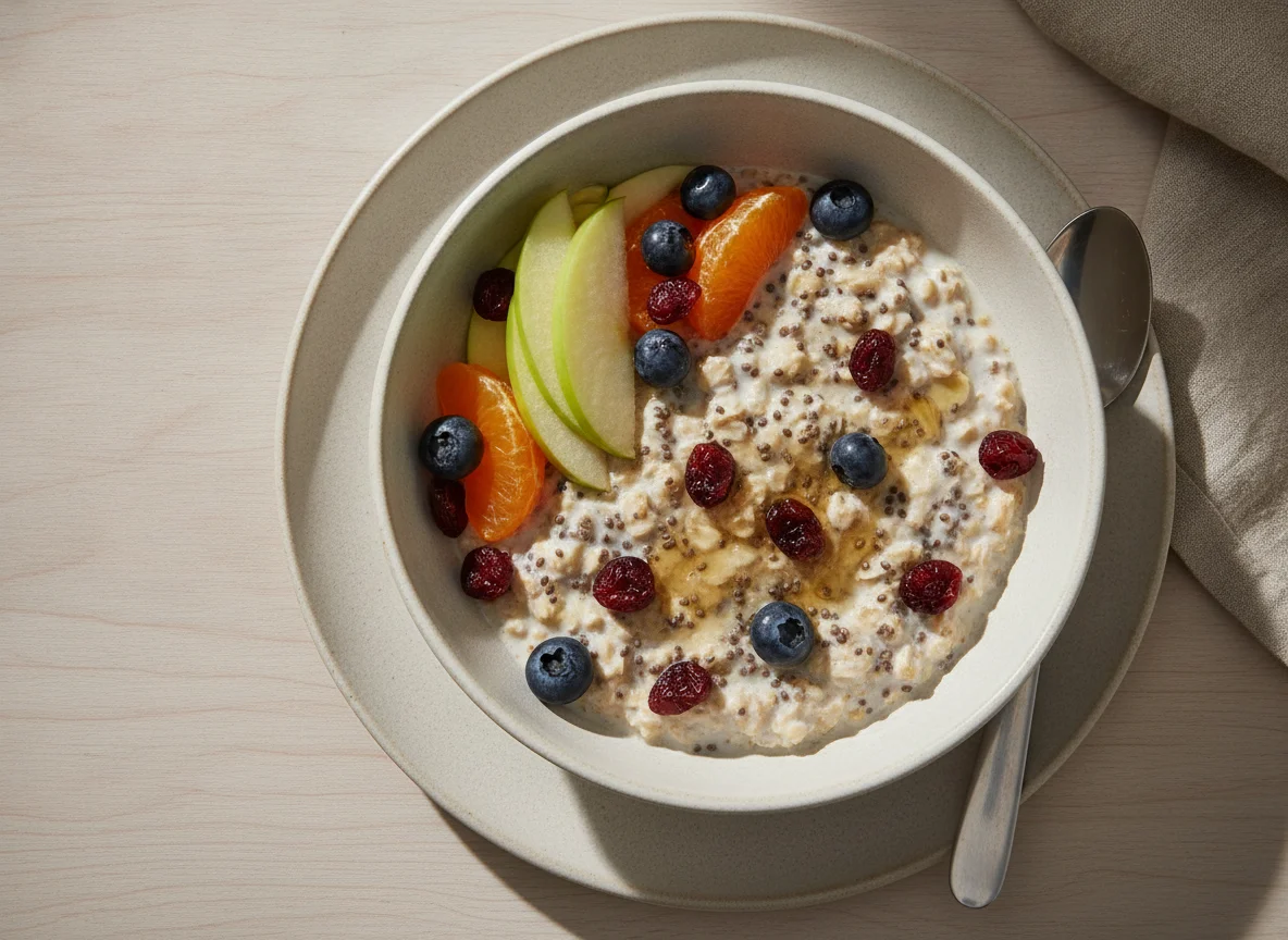 Overnight oats with fruit salad photo