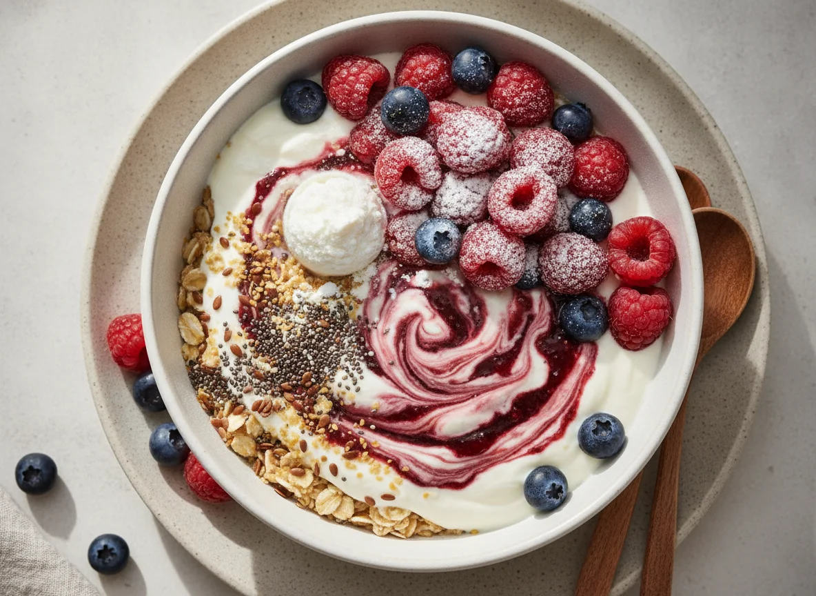 Overnight oats with low fat greek yoghurt and berries photo