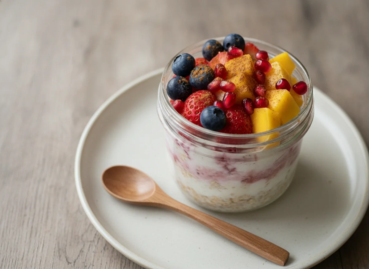 Overnight oats with mixed berries and cinnamon photo