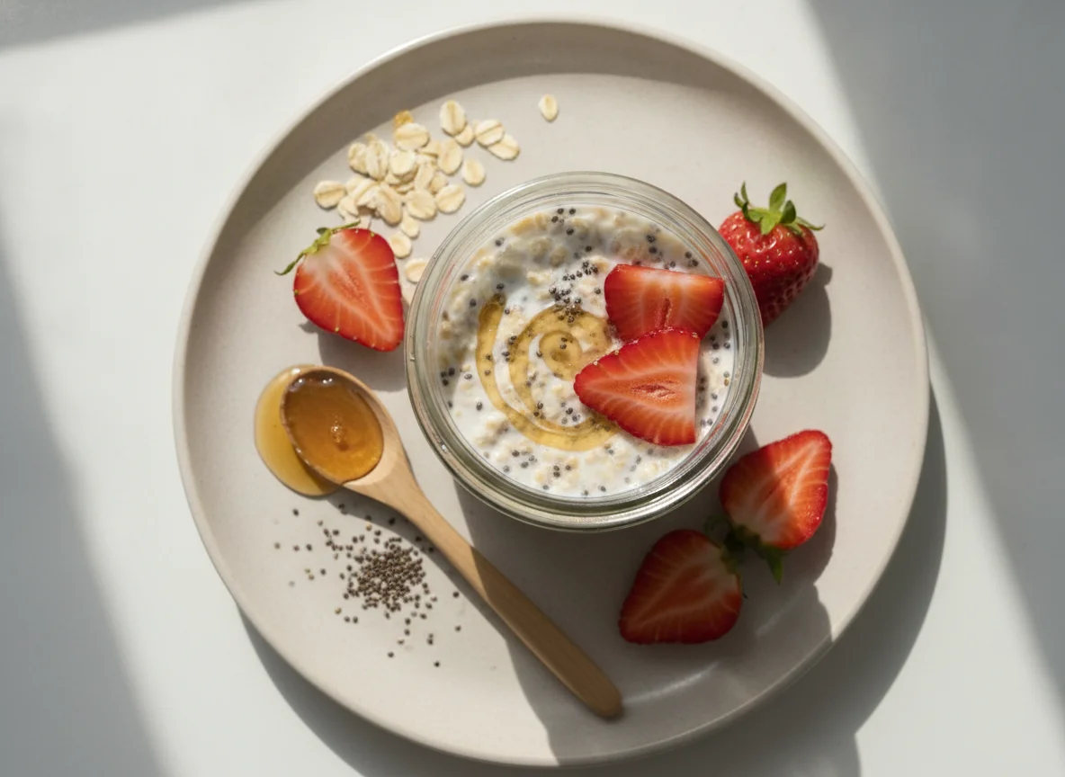 Overnight oats with strawberries and chia seeds photo