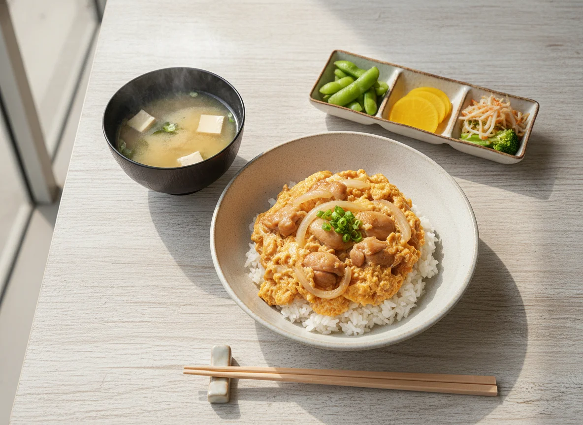 Oyakodon Set with Miso Soup and Sides photo