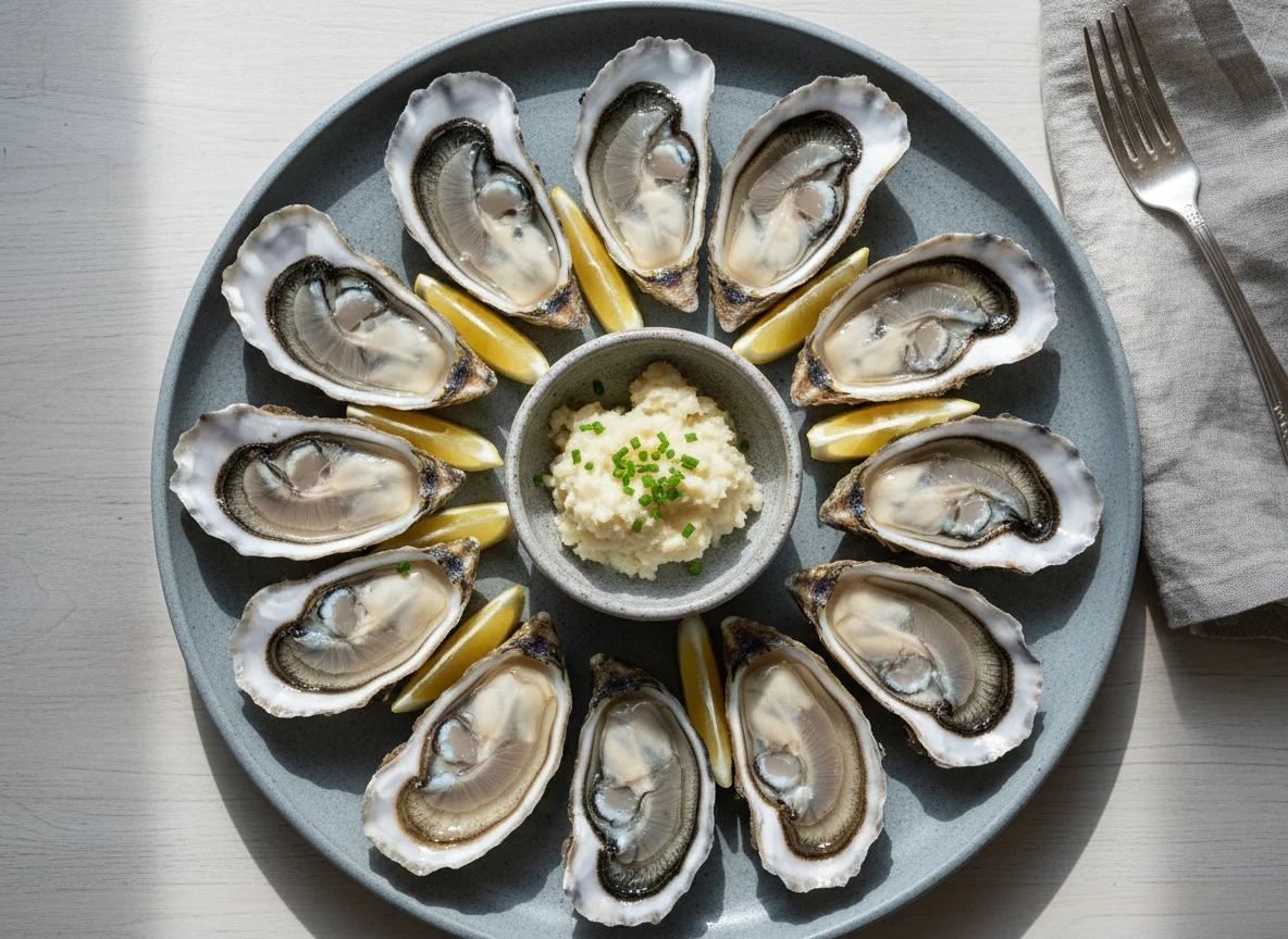 Oysters on the half shell with lemon and horseradish photo