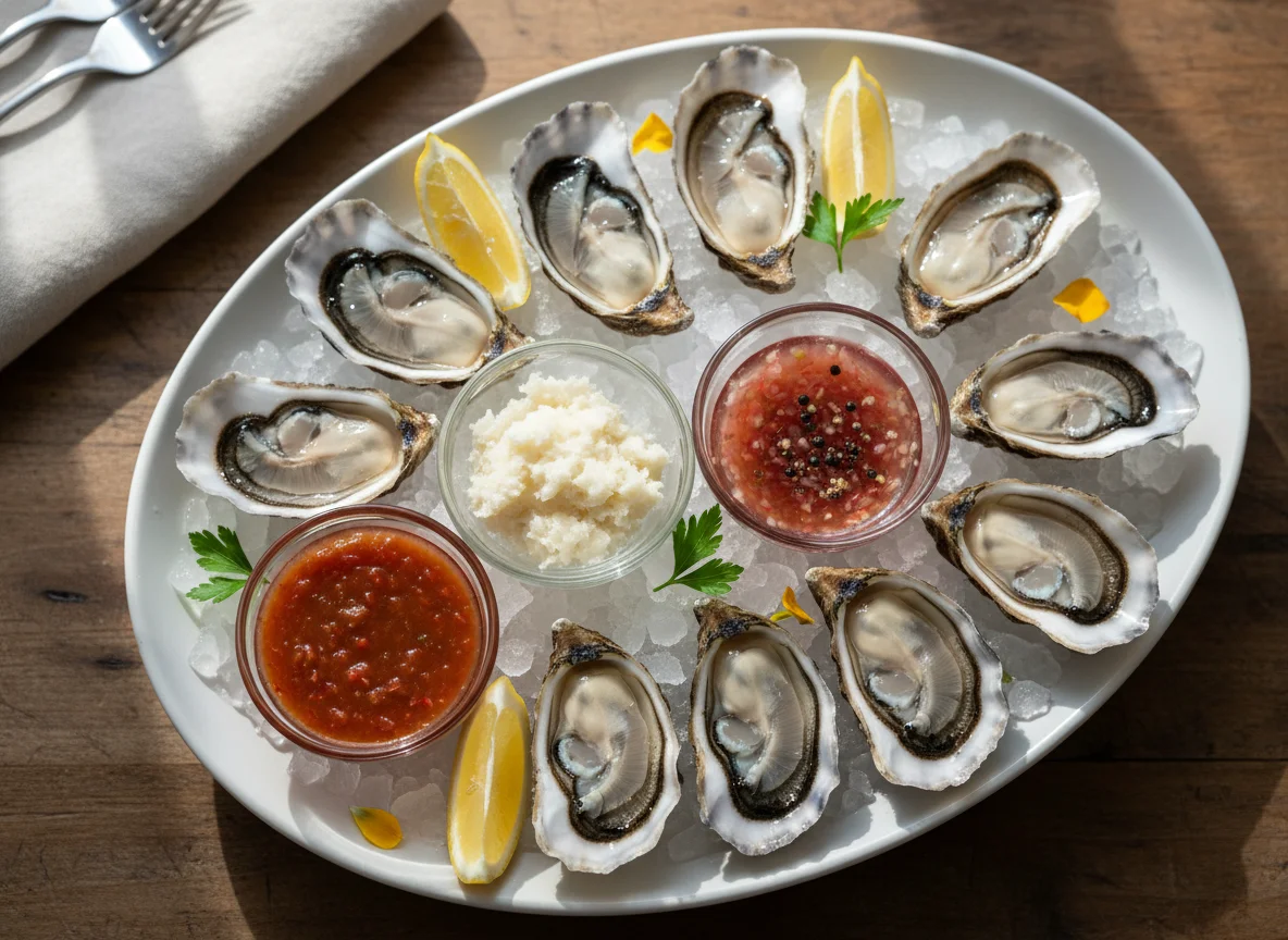 Oysters on the Half Shell with Sauces and Lemon photo