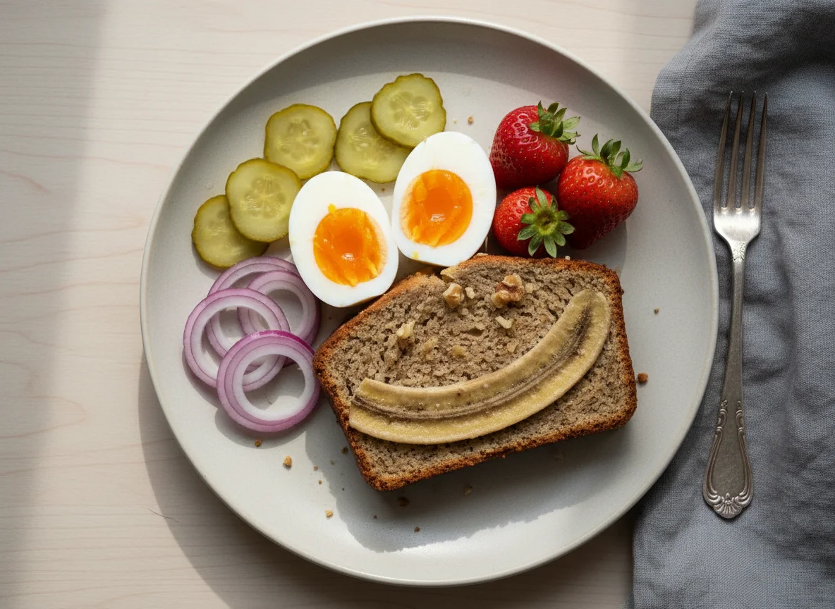 Packed Lunch with Banana Bread, Eggs, and Pickles photo