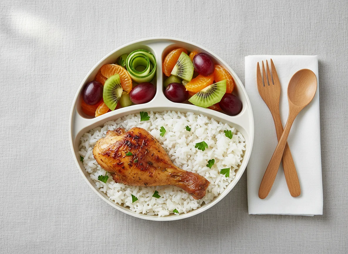 Packed Lunch with Chicken, Rice, and Fruit Salad photo
