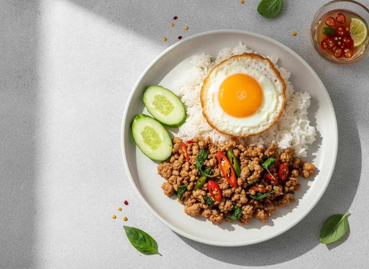 Pad Kra Pao Moo Sab with Fried Egg photo