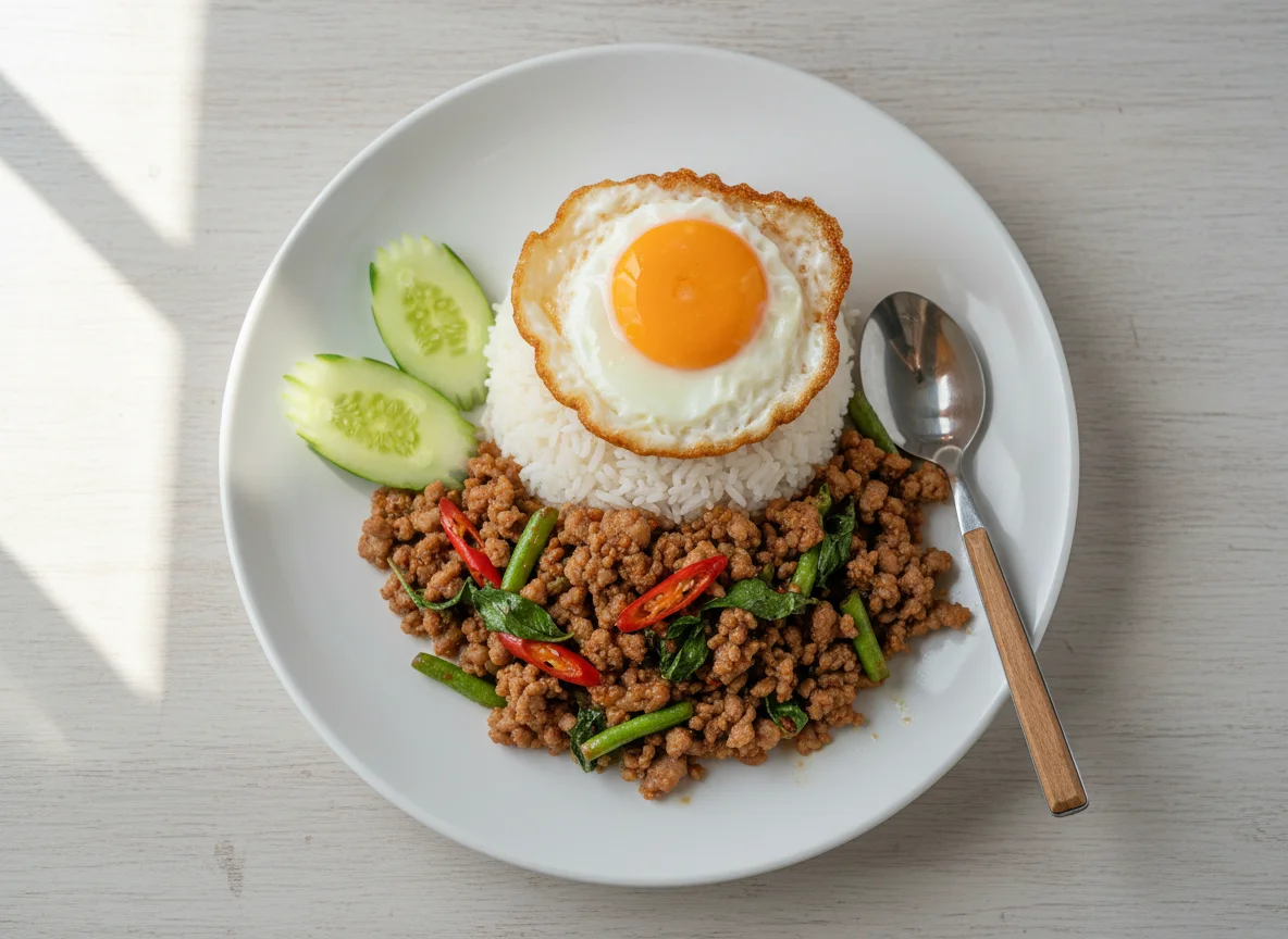 Pad Kra Pao with Fried Egg and Rice photo