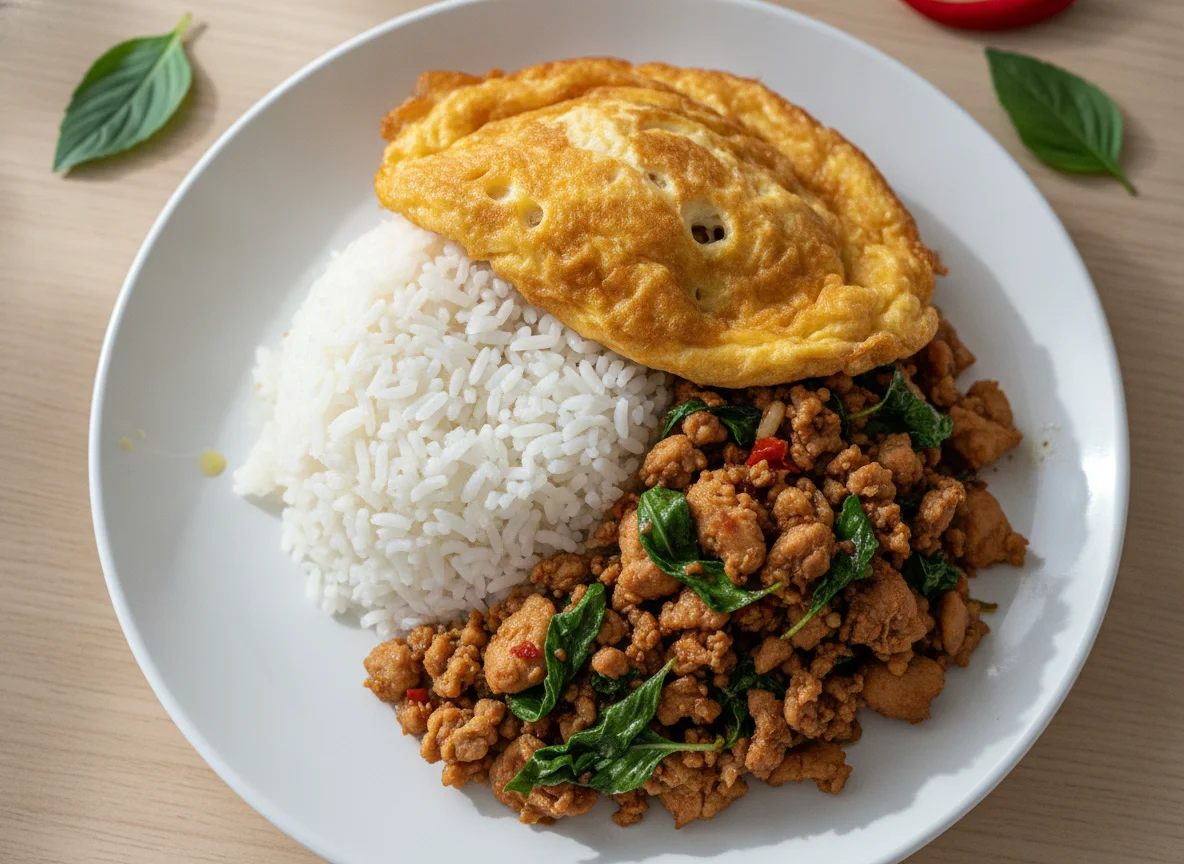 Pad Krapow Gai with Omelette over Rice photo