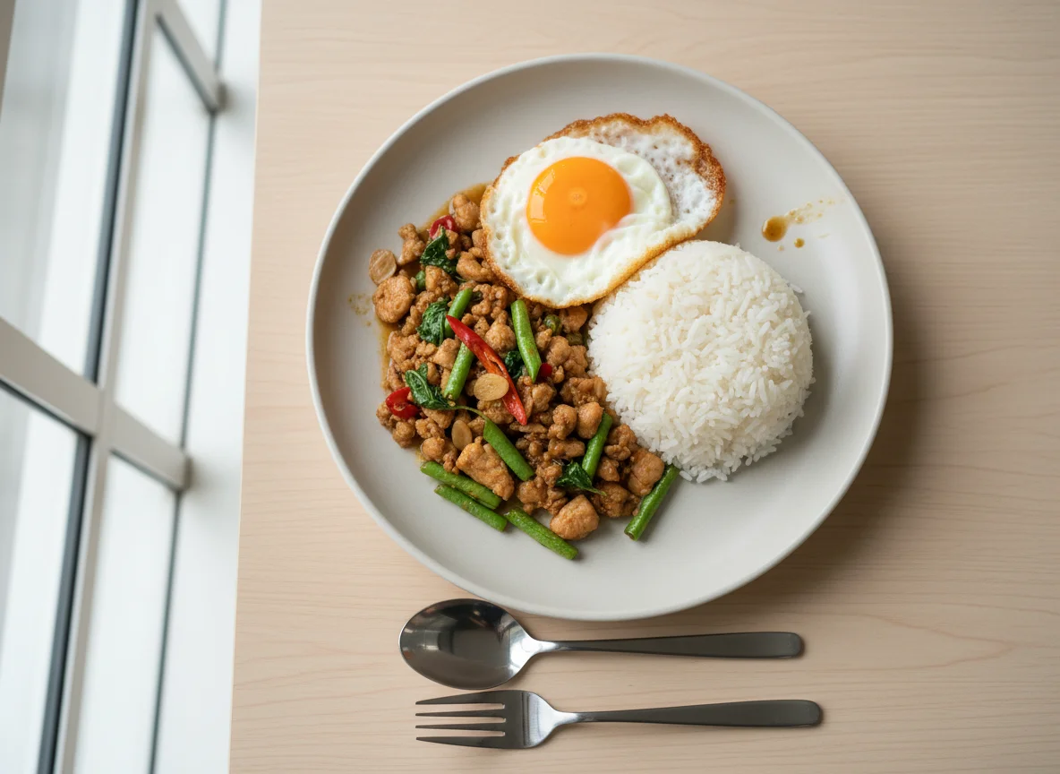 Pad Krapow Gai with Rice and Fried Egg photo