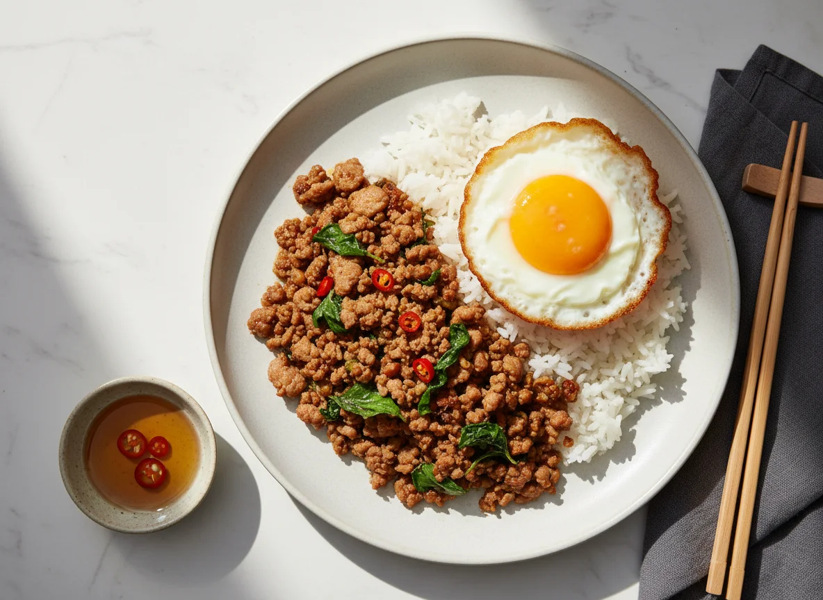 Pad Krapow Moo Sap with Fried Egg and Rice photo