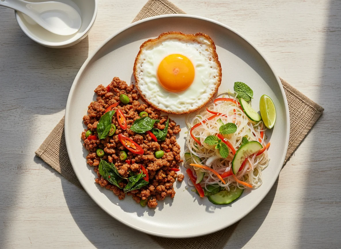 Pad Krapow Moo Sap with Fried Egg and Vermicelli Salad photo