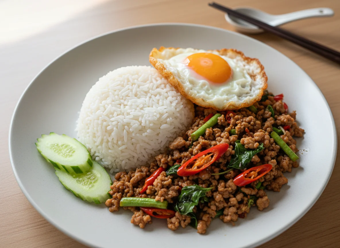Pad Krapow with Fried Egg and Rice photo