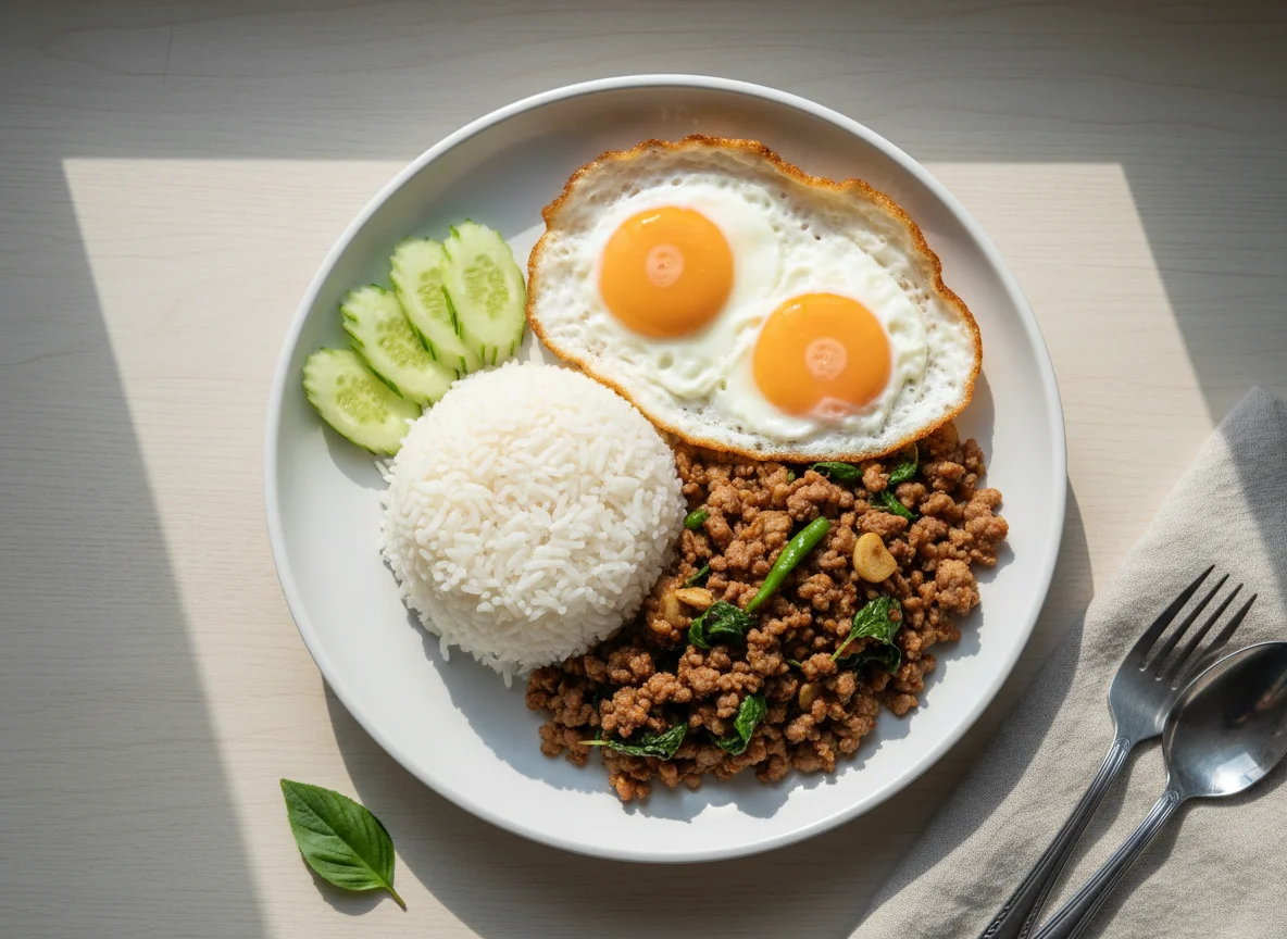Pad Krapow with Fried Eggs and Rice photo