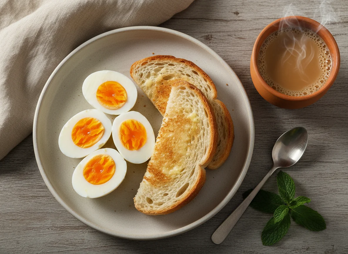Pakistani Breakfast with Boiled Eggs, Toast and Chai photo