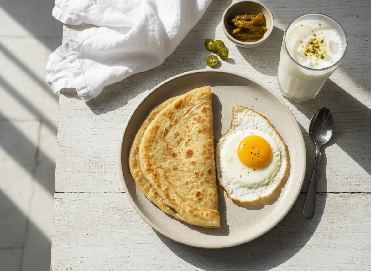 Pakistani Breakfast with Paratha, Fried Egg, and Lassi photo