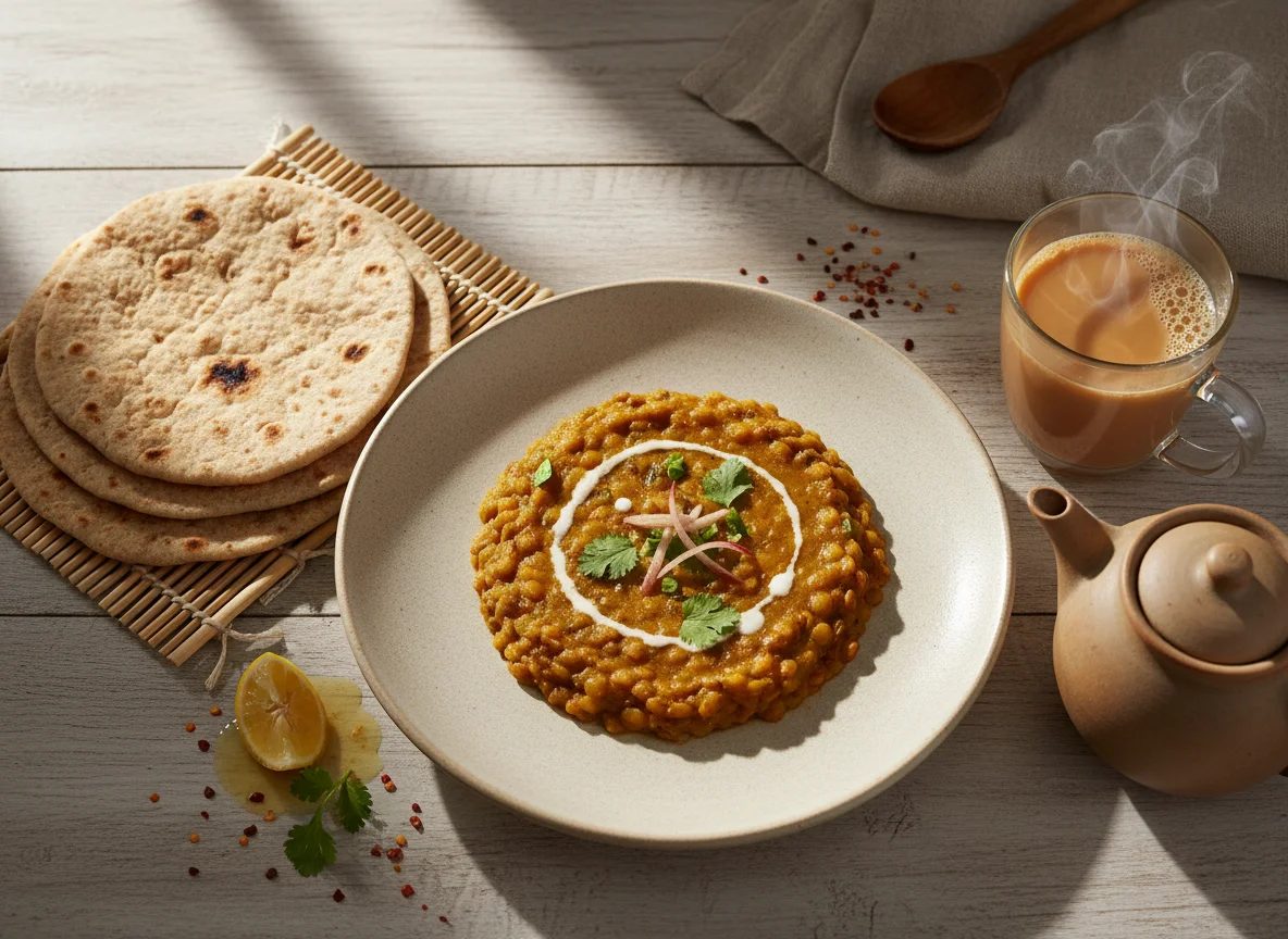 Pakistani Breakfast/Meal with Dal, Roti, and Tea photo