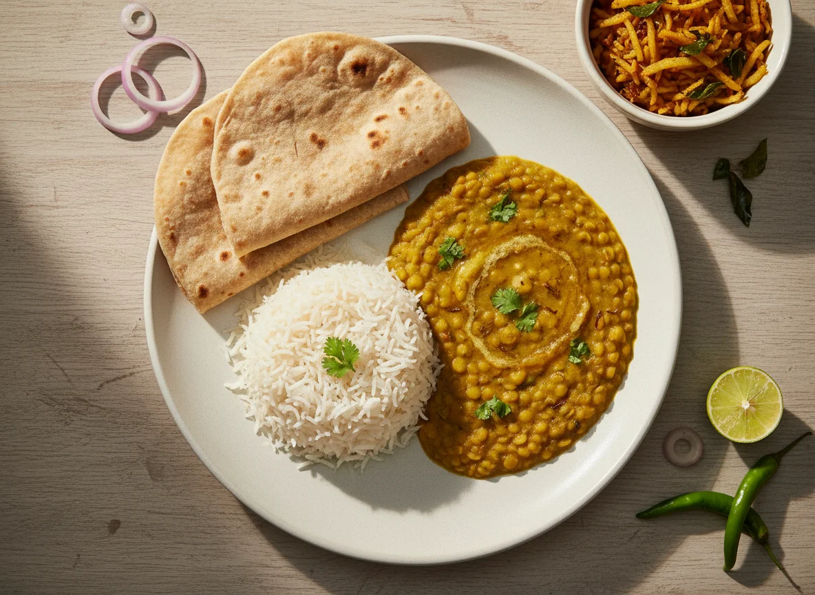 Pakistani Dal Chawal with Roti and Aloo Bhujia photo