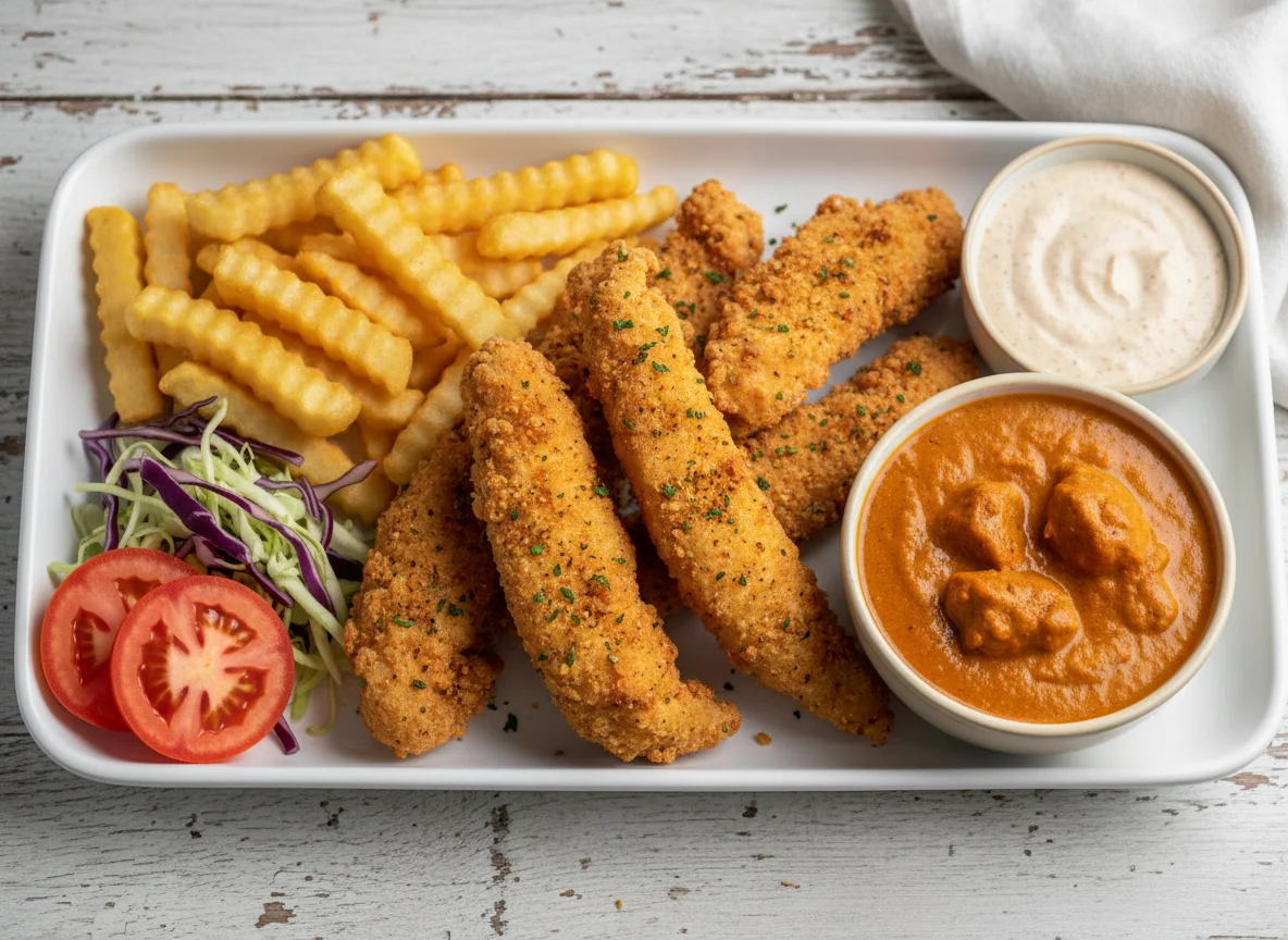 Pakistani Fried Chicken Strips with Curry and Fries photo