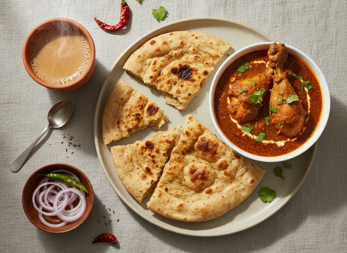 Pakistani Meal (Roti, Chicken Curry, Tea) photo