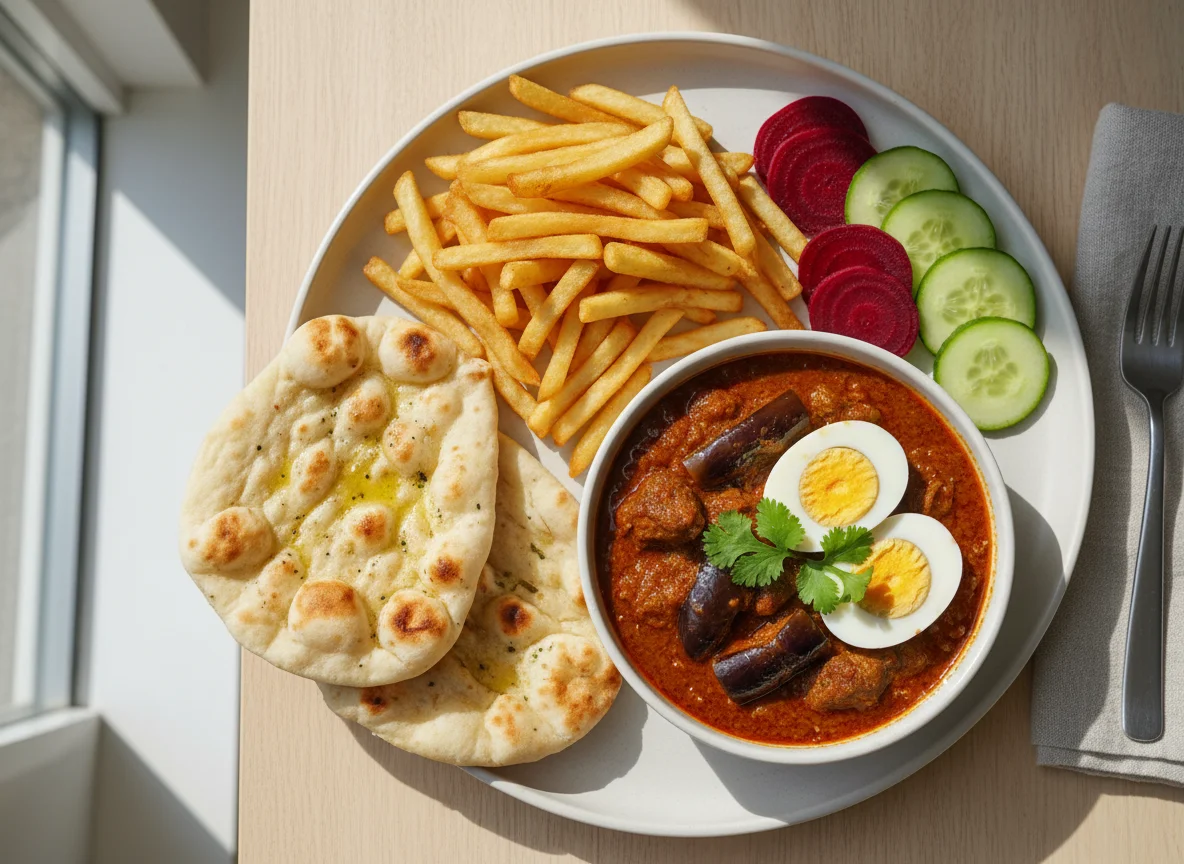 Pakistani Meal with Curry, Fries, and Salad photo