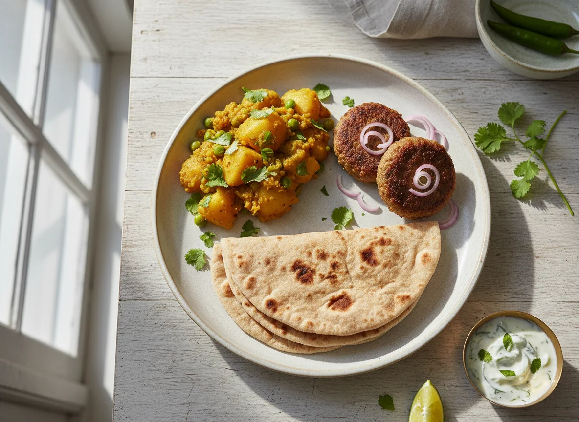 Pakistani Meal with Curry, Kebab, and Roti photo