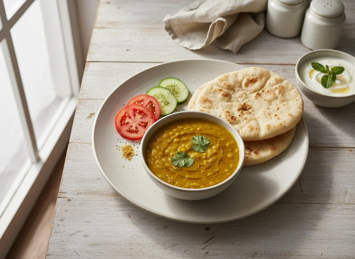 Pakistani Meal with Curry, Roti, Salad, and Yogurt photo