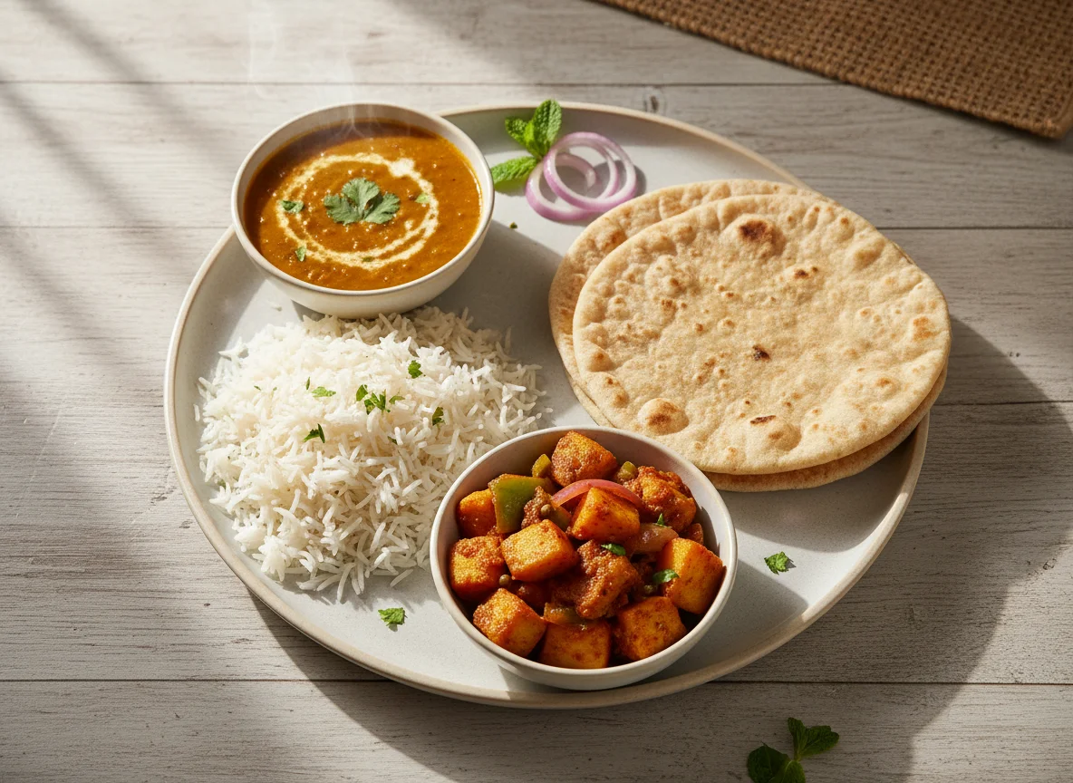 Pakistani Meal with Rice, Roti, Dal, and Potato Stir-fry photo