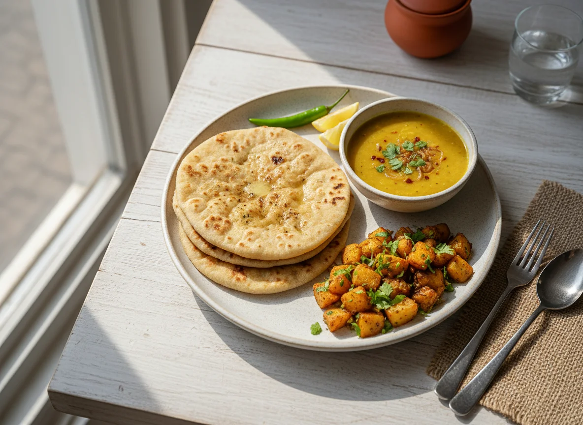 Pakistani Meal with Roti, Aloo Bhujia, and Dal photo