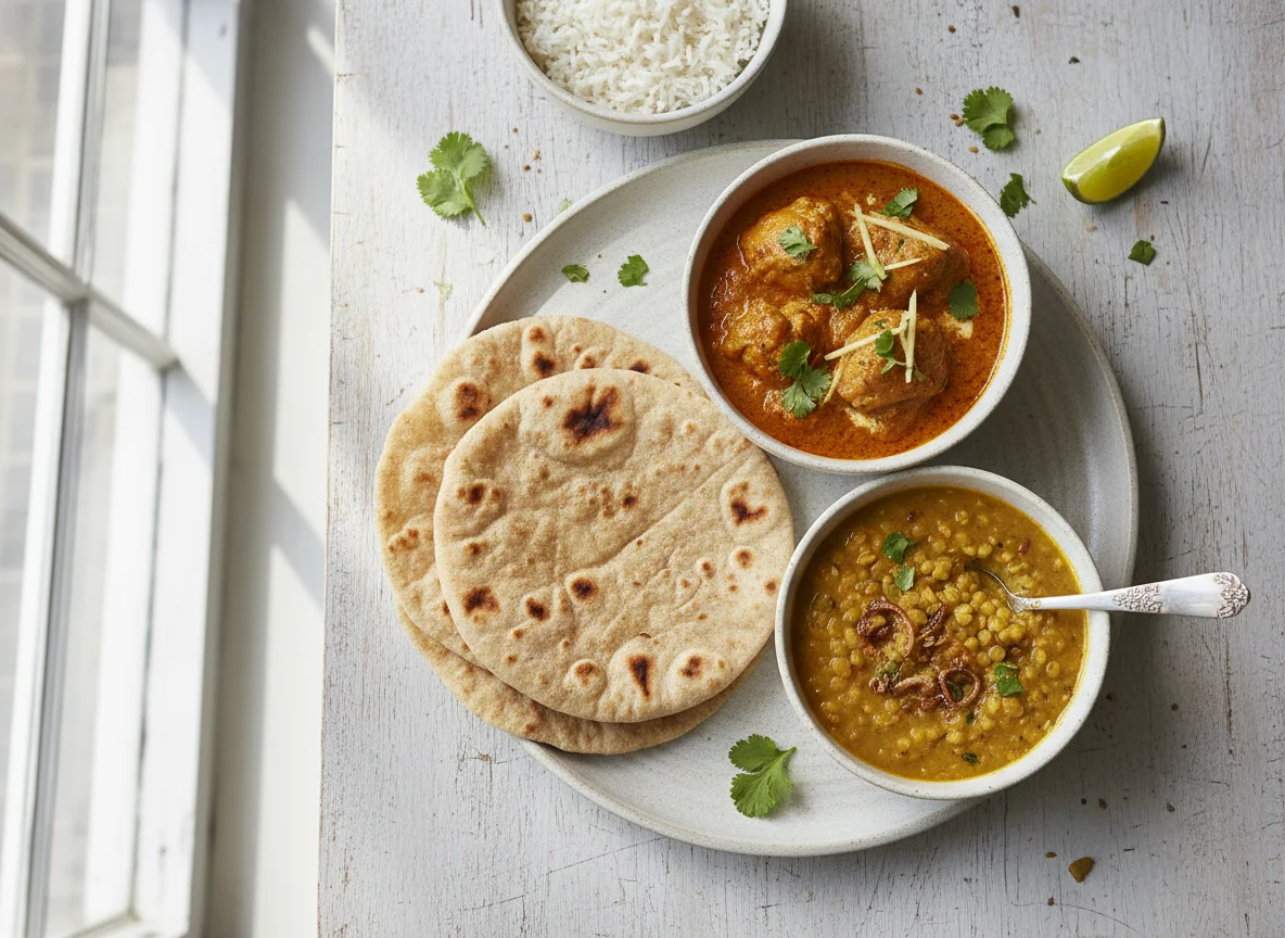 Pakistani Meal with Roti, Chicken Curry, and Dal photo