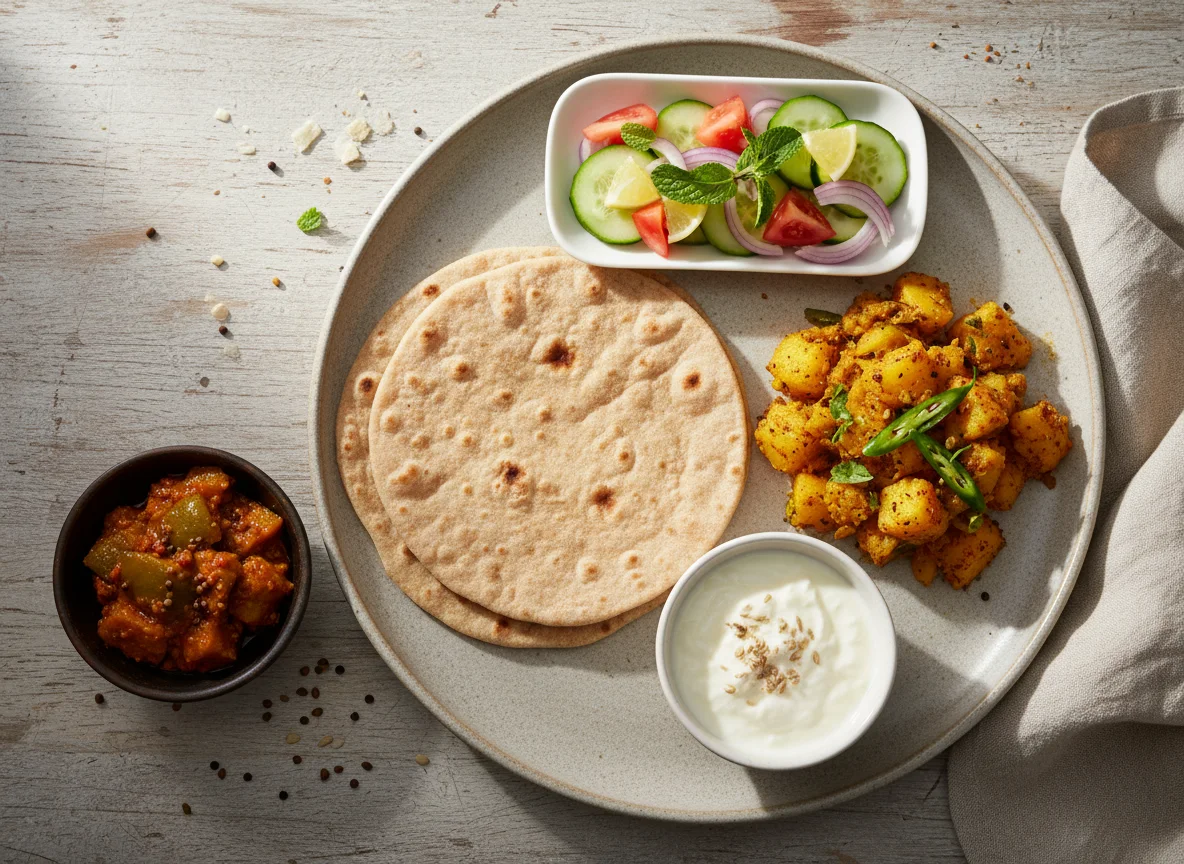 Pakistani Meal with Roti, Curry, Potatoes, Yogurt, and Salad photo