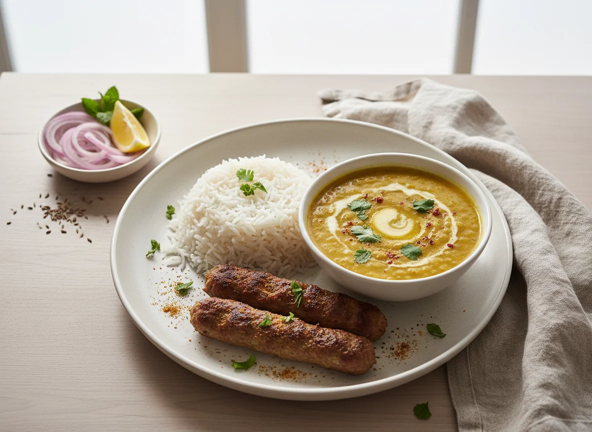 Pakistani Rice, Daal, and Kebab Meal photo