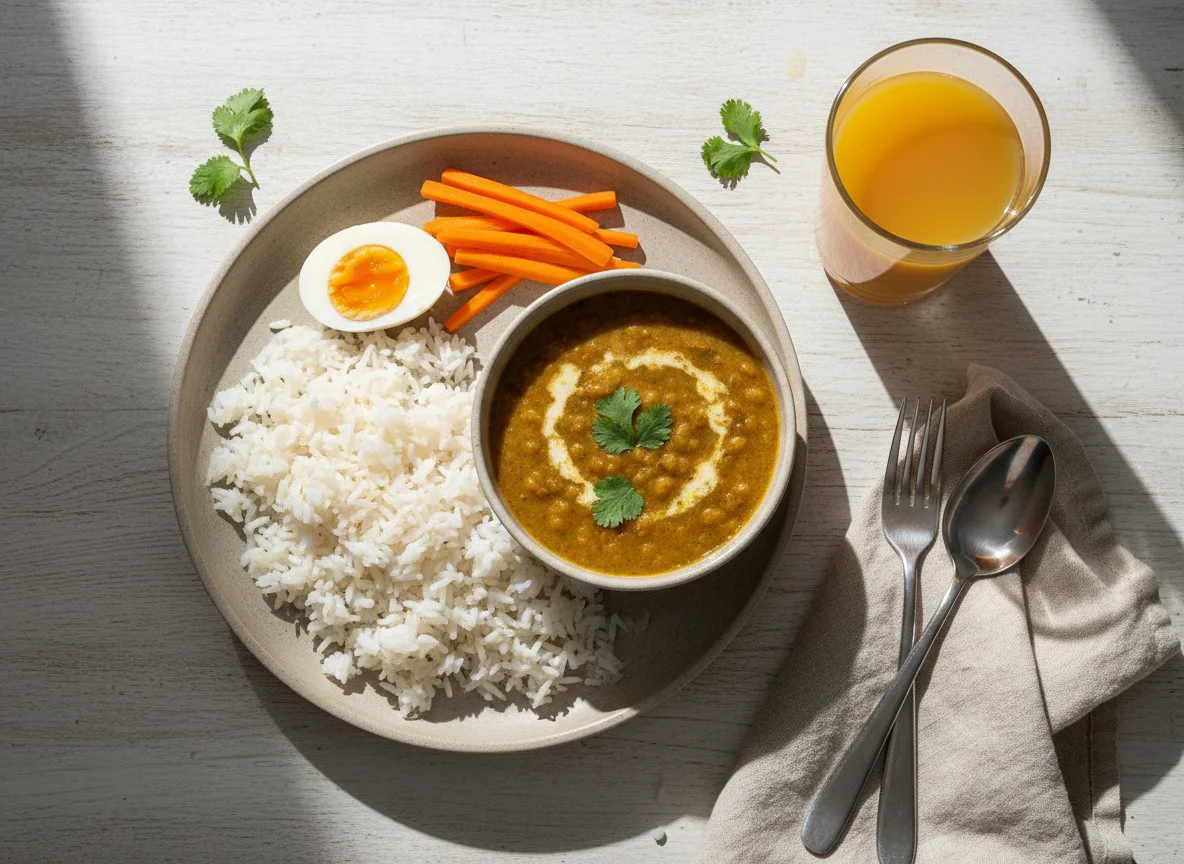 Pakistani style meal with dal, rice, eggs, carrots and juice photo