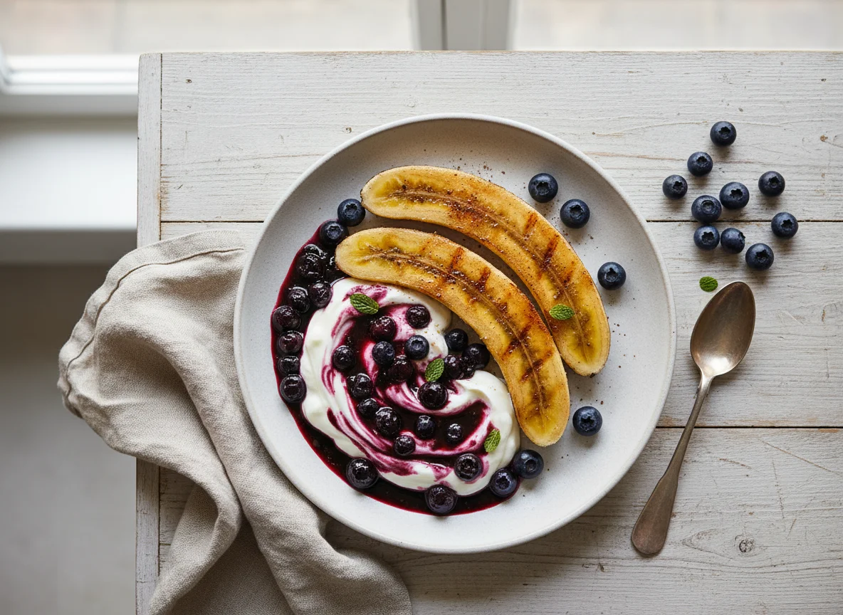 Pan Grilled Banana with Low Fat Greek Yogurt and Blueberries photo