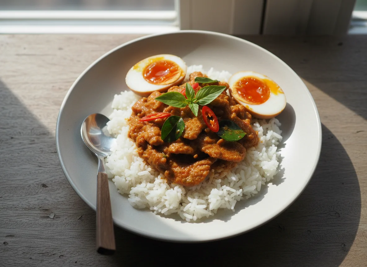 Panaeng Curry with Pork and Boiled Eggs on Rice photo