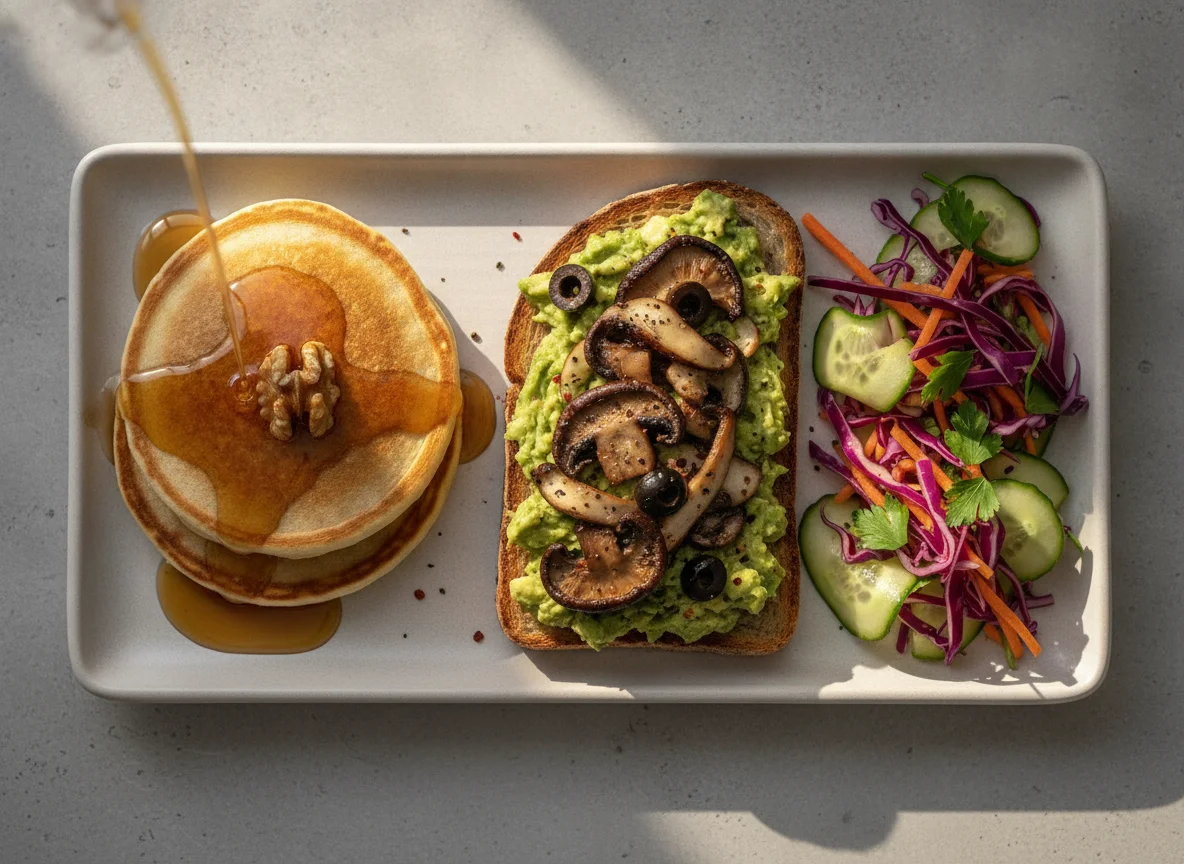 Pancake and Mushroom Avocado Toast with Side Salad photo