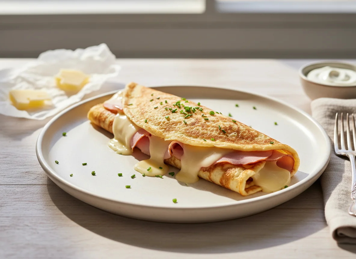 Pancake roll with cheese and ham photo