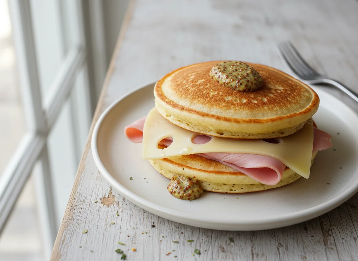 Pancake sandwich with ham and cheese photo