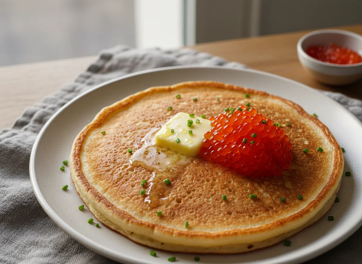 Pancake with butter and red caviar photo